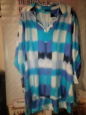 Natori Blue Teal Plaid Longline Tunic